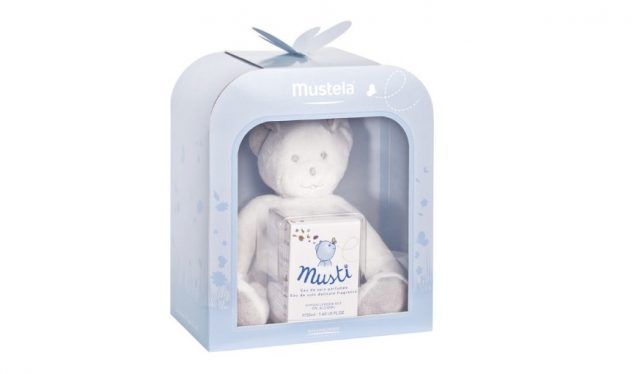 Cofanetto Musti di Mustela, per maschietto o femminuccia, con acqua profumata e orsacchiotto.