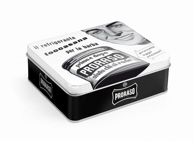 Proraso: Metal kit vintage, disponibile con tre diverse immagini di campagna, composto da Sapone da barba, crema liquida e pre barba. 28 euro.