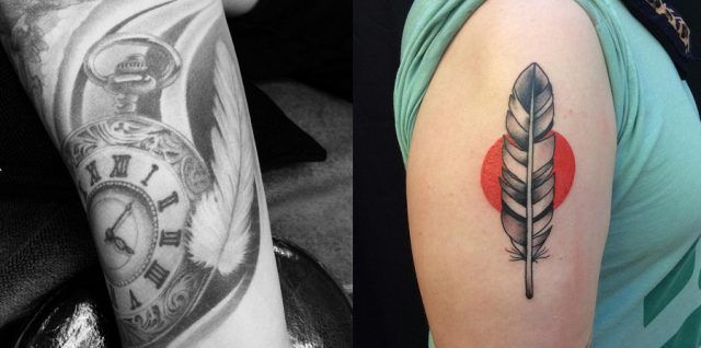 Tatuaggio con piuma, orologio e sole
