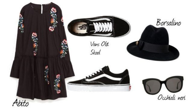 Abito, borsalino, occhiali neri e Vans outfit da sfoggiare ad inizio primavera