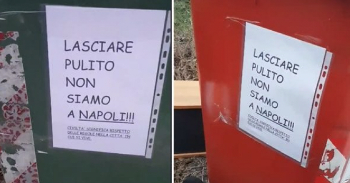“Lasciare pulito, non siamo a Napoli”, l’insulto apparso sui cassonnetti