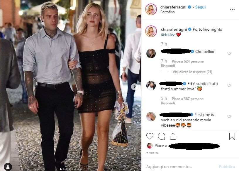 Chiara Ferragni a Portofino con Fedez criticata per l’abito nero trasparente