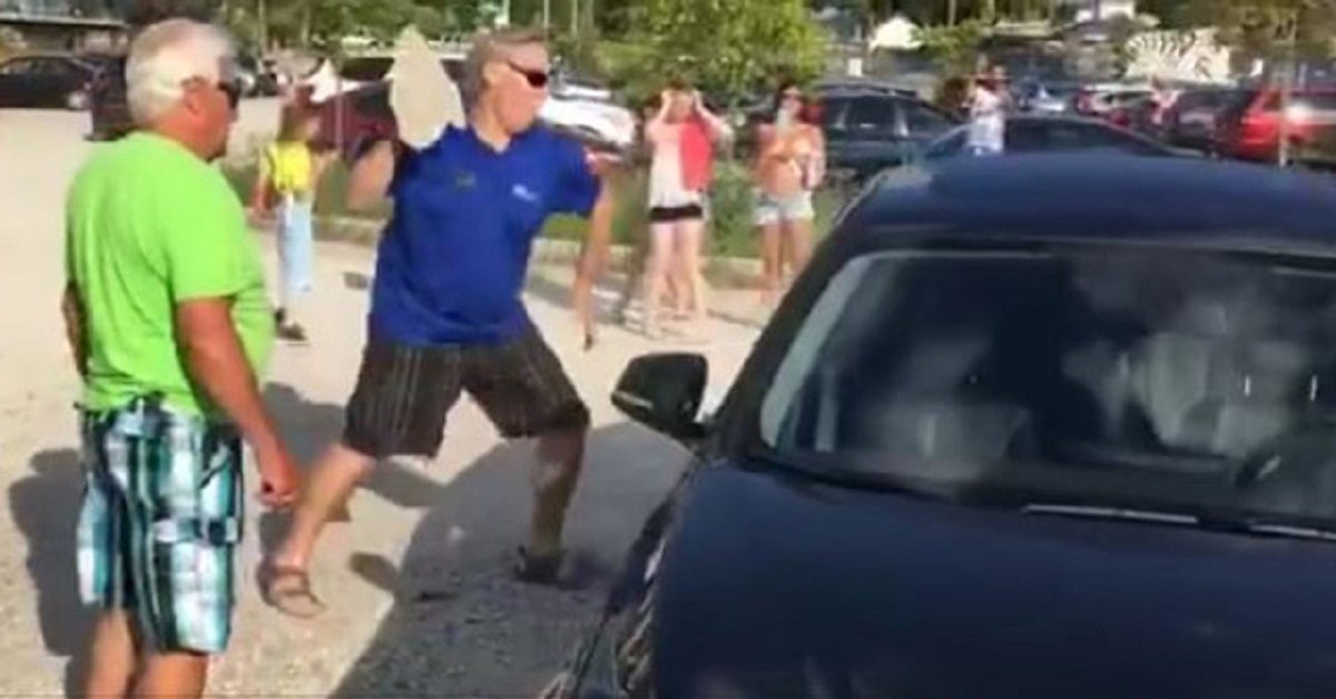 Uomo lancia un sasso contro un’auto per salvare un cane
