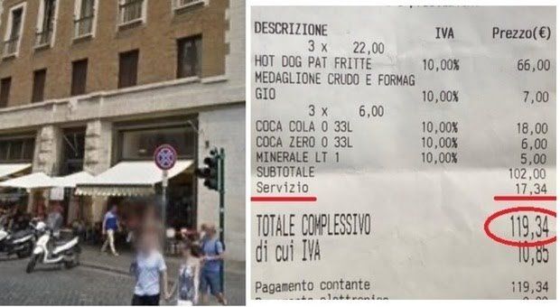 Roma, scontrino da 120 euro: 4 panini, 4 lattine di Coca Cola e acqua