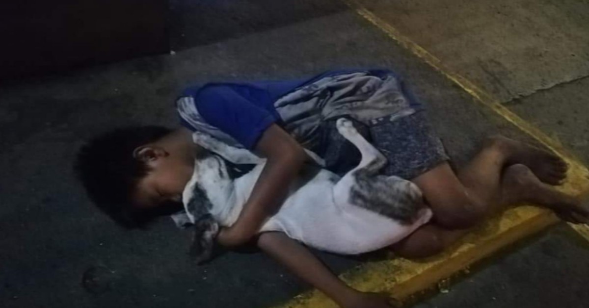 La foto del bambino che dorme per terra, abbracciato al suo cane