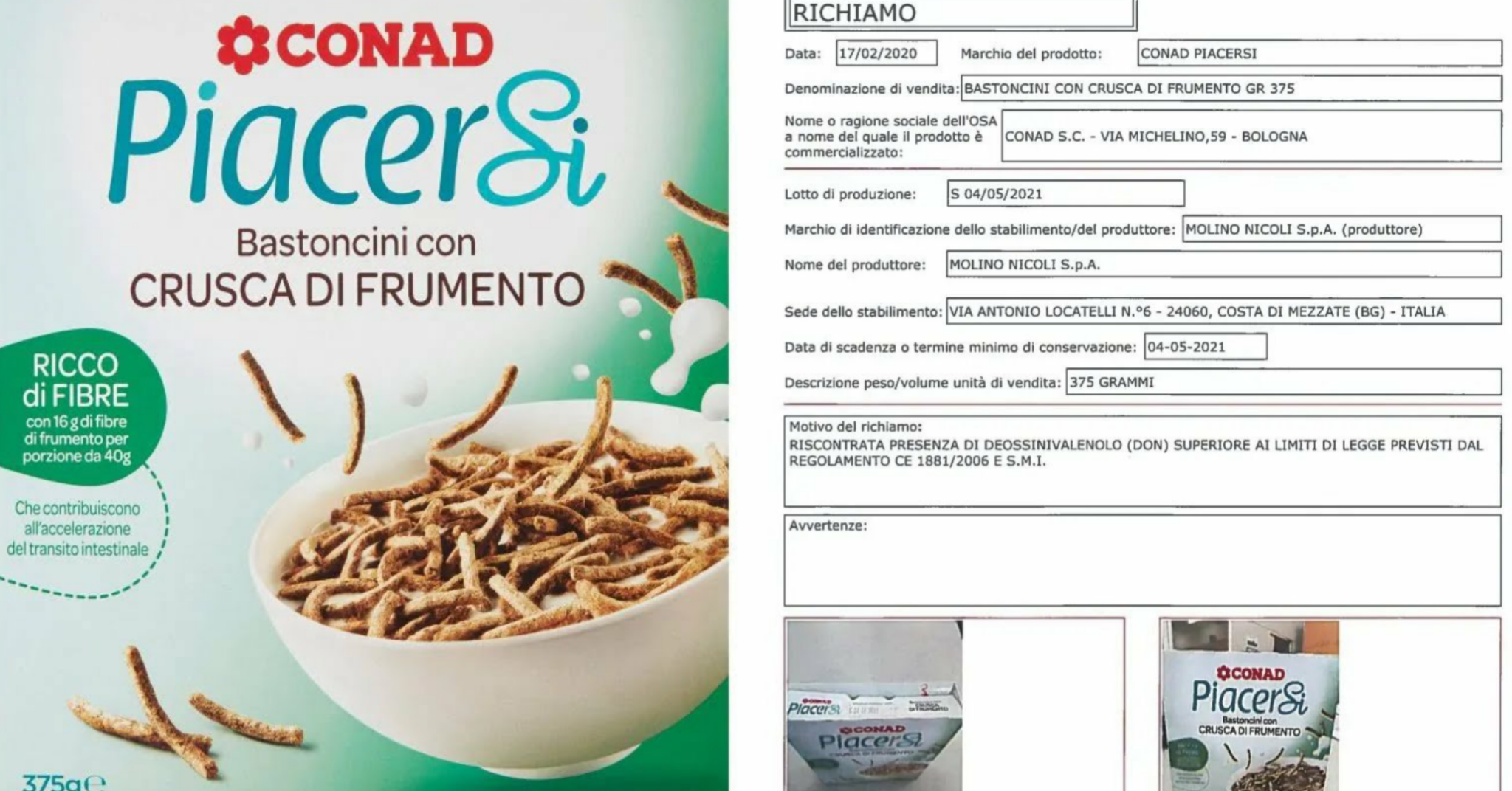 Conad, ritirati bastoncini con crusca di frumento