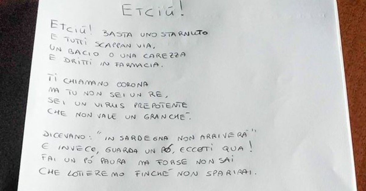 Bimbo di Nuoro scrive una lettera al virus