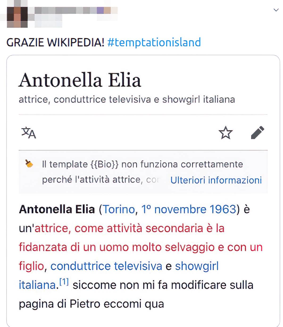 screenshot dalla pagina Wikipedia di Antonella Elia