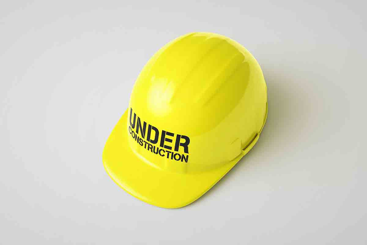 Cucciolo con casco in testa nel cantiere