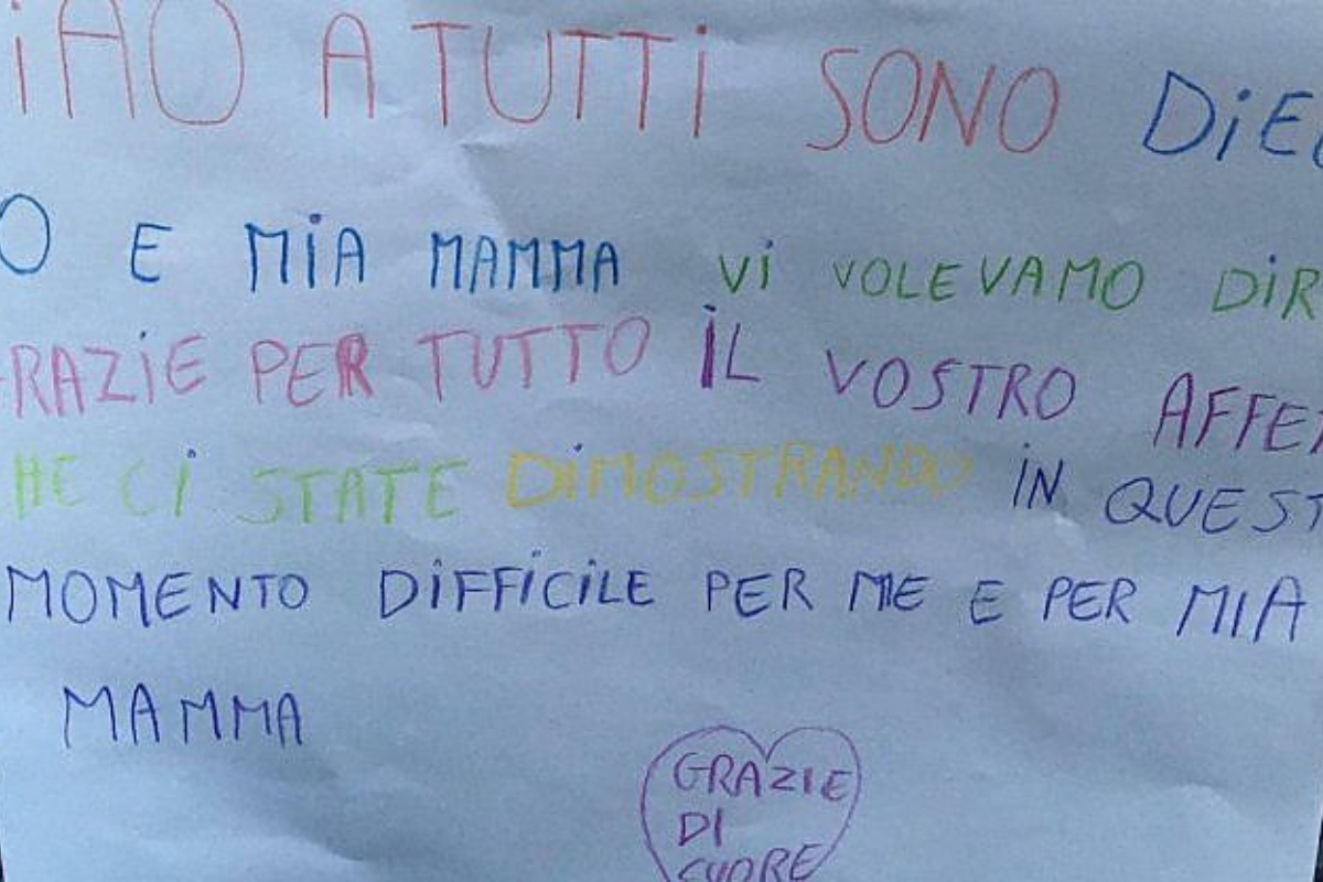 La lettera di Diego, bimbo di 8 anni, per ringraziare le persone che hanno aiutato lui e sua madre. Le sue commoventi parole