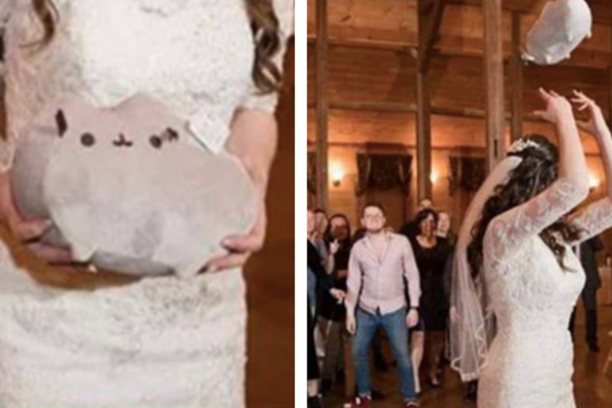 Durante il lancio del bouquet, la sposa cambia i fiori con un animale