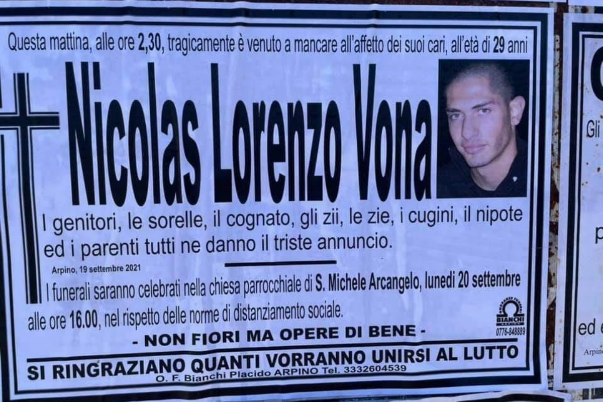 Nicolas Lorenzo Vona è morto a seguito di un tragico incidente stradale