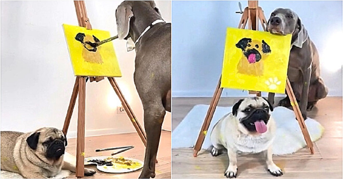 Dog paints the pug on canvas