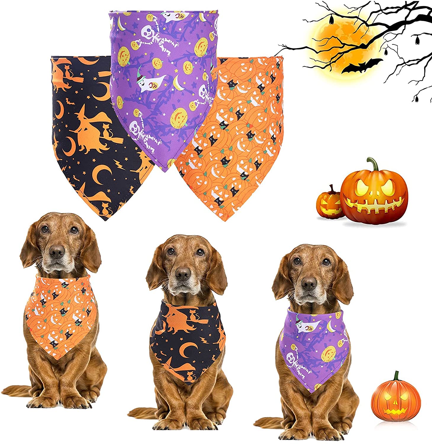 Bandane per cani per Halloween, confezioni da tre pezzi con zucche e altri simboli