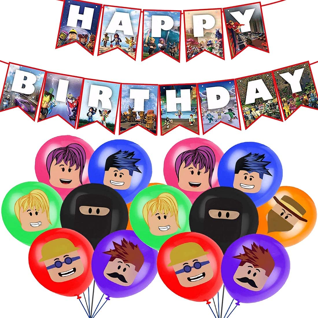 Festa di compleanno a tema Roblox, con striscioni, palloncini e molto altro ancora