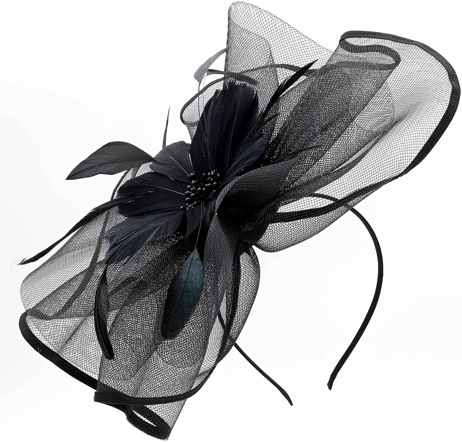 Fascinator da donna nero per capelli con velo a rete, fiori e piume