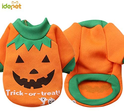 Idepet Costume di Halloween per cani e per gatti a forma di zucca, comodo maglioncino da indossare