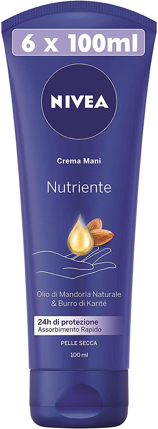 Nivea creme per le mani nutrienti in confezione da 6 tubetti per 100 ml, con olio di mandorla