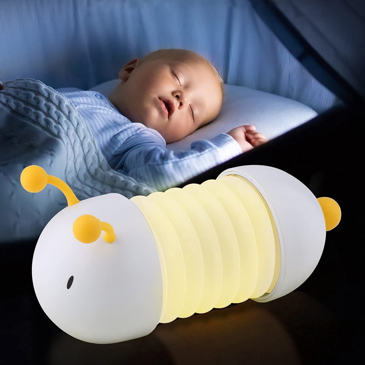 Wikipoze luce notturna per bambini con lucina LED a forma di bruco, pieghevole e portatile, regolabile, con ricarica USB e magneti adesivi inclusi