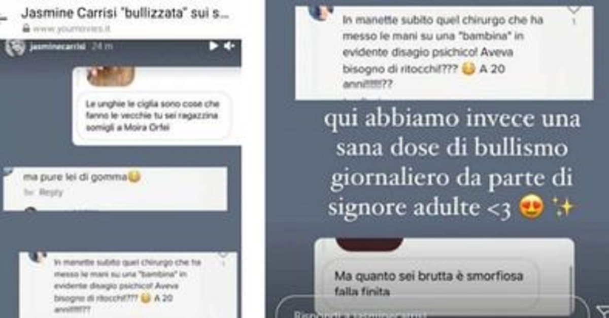 Jasmine Carrisi rende pubblici i messaggi degli haters