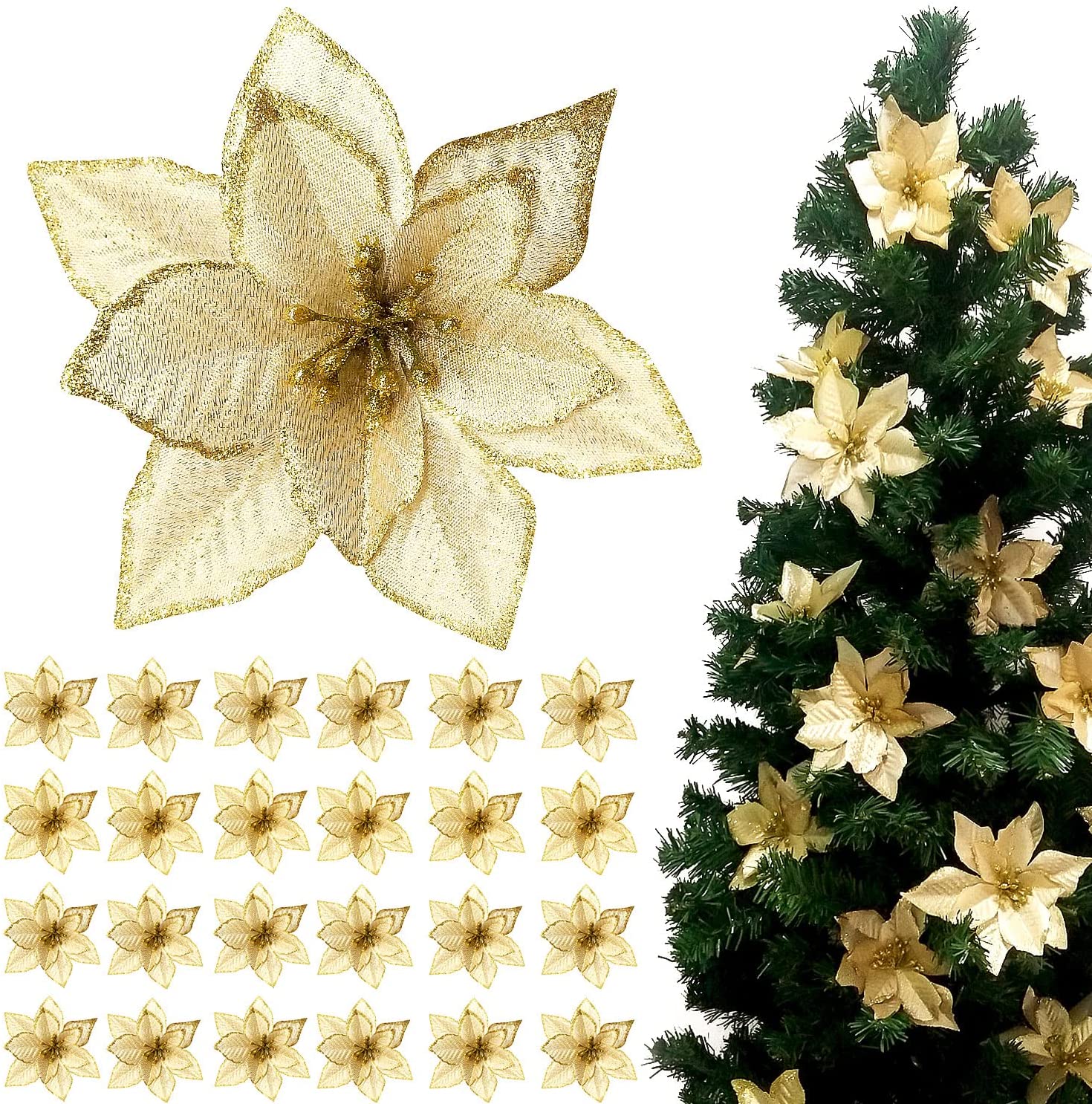 24 fiori di Natale Poinsettia Glitter artificiali per decorazioni dell'albero di Natale