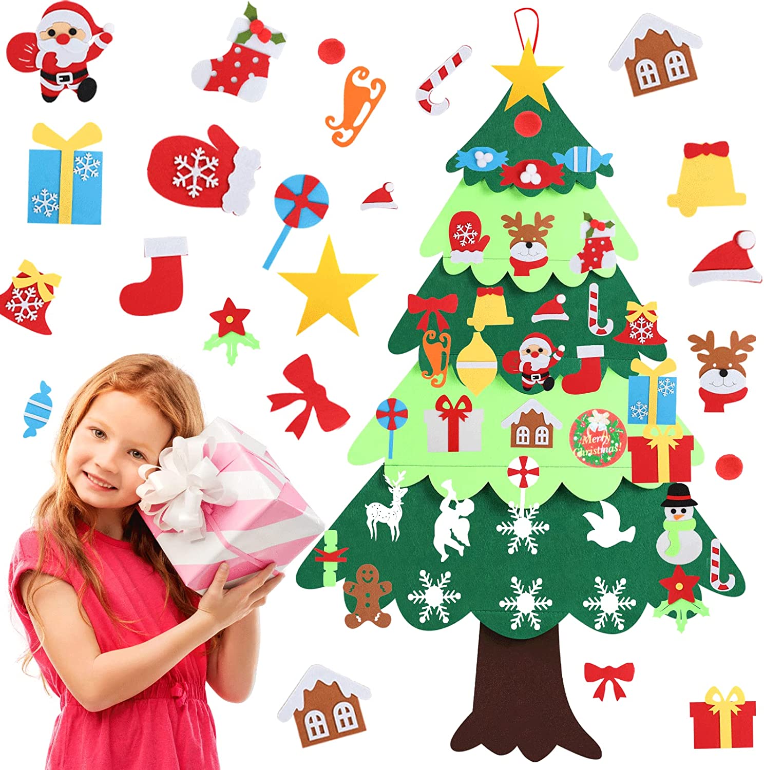 Albero di Natale in feltro alto 127 centimetri, con 36 decorazioni staccabili, ideale per i bambini