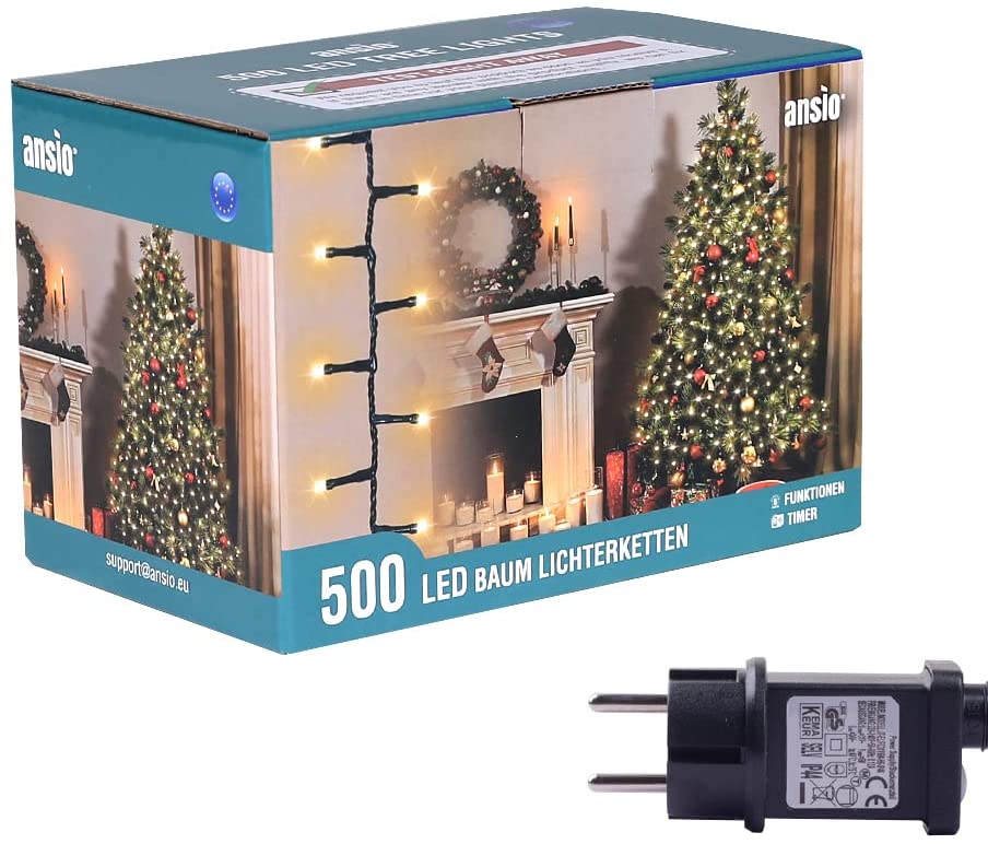 alimentate trasformatore incluso 12,5 m Lunghezza illuminata- CAVO VERDE 8 modalità con memoria e funzione timer Luci natalizie per interni e esterno 500 LED albero luci Multi colore 