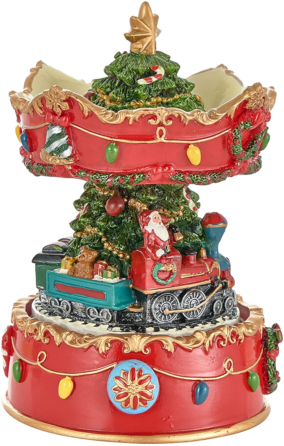 Baroni Home Carillon Natalizio, Scatola Musicale con Giostra, Albero di Natale e Trenino Rosso 9x9x16 cm