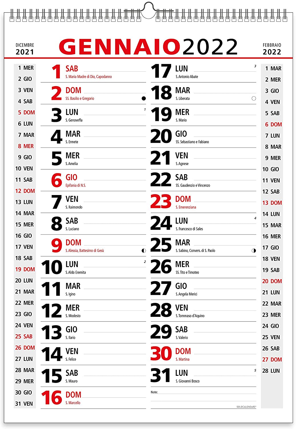 Calendario 2022 da Muro Olandese Classico con Feste Settimane Lune e Santi in carta ecologica