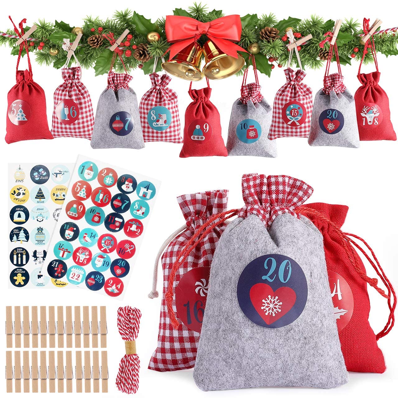 Advent Calendar, Advent Calendar to Fill, Christmas Gift Bag with 1-24 Number Stickers