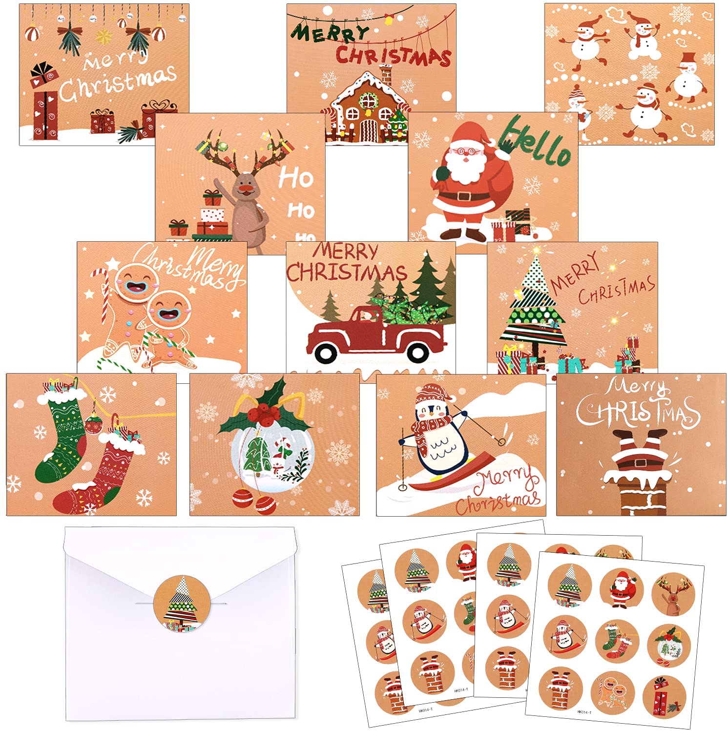 Cartoline di Natale, 24 Pezzi Biglietti di Natale con Buste e Adesivi, Regalo Natale Cartoline