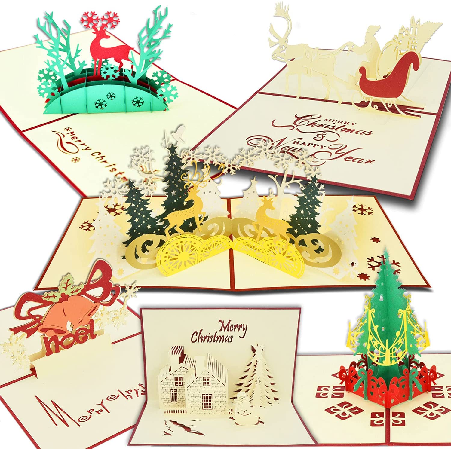 6PCS Christmas Cards, 3D Pop Up Greeting Cards for Christmas & New Year