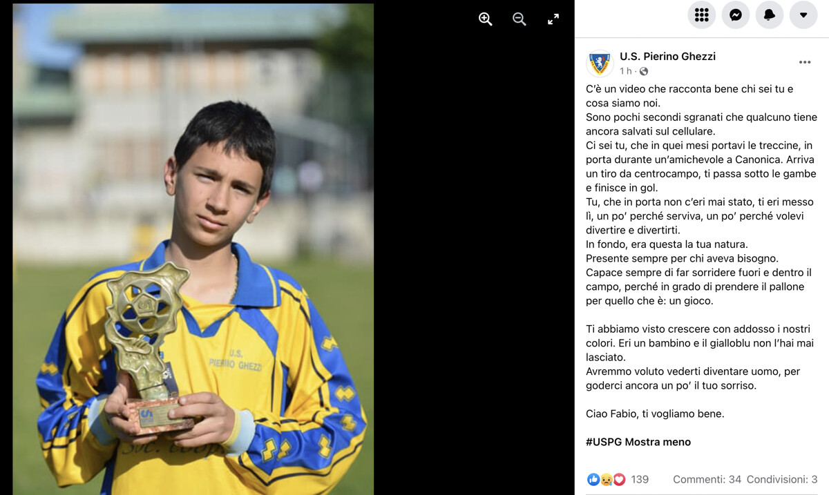 Il giovane calciatore Fabio Mancio morto in un incidente stradale