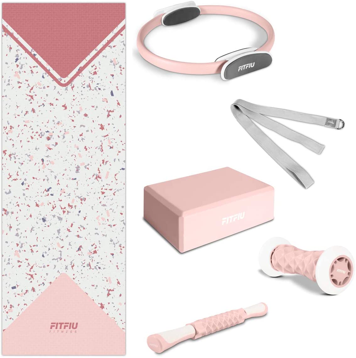 Fitness KITWELL-601 - Kit 6 accessori Yoga e Pilates colore rosa che include tappetino, cerchio, blocco, massaggiatore per piedi, barra massaggiante e cinghia per yoga