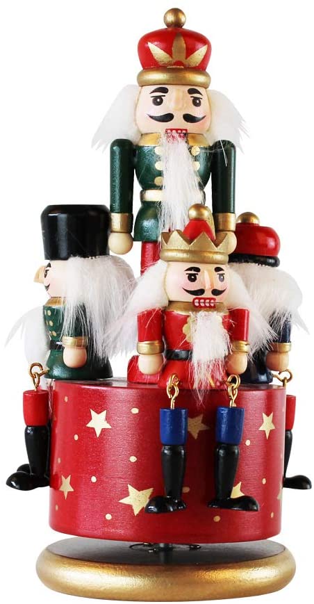 LINGSFIRE Wooden nutcracker music box with 4 soldiers, with clock mechanism and round base for home decoration