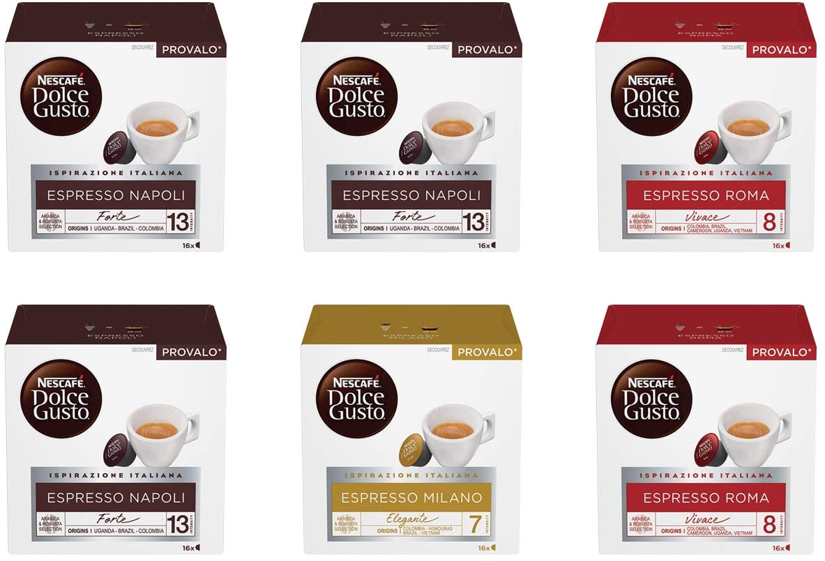 Nescafé Dolce Gusto Kit Degustazione di Caffè Espresso Napoli, Espresso Roma ed Espresso Milano, 6 Confezioni da 16 Capsule (96 Capsule)