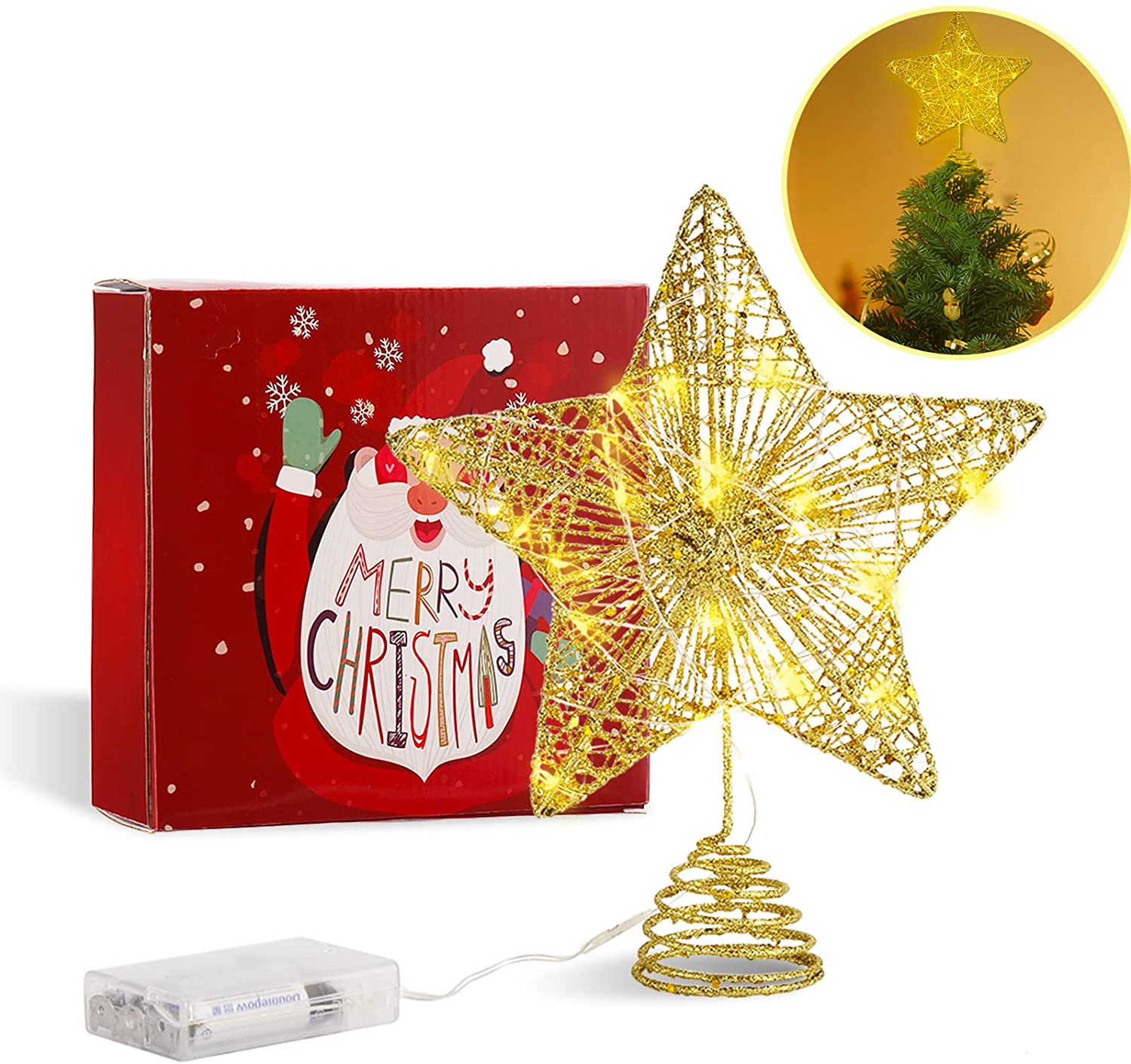 Stella per l'albero di Natale con scintillio dorato e 50 luci LED da 20 centimetri