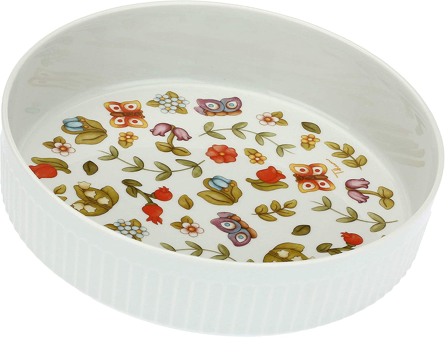 THUN - Tortiera Tonda Bianca con Decorazione di Fiori e Farfalle, Ideale Come Teglia per Crostata - Accessori Cucina