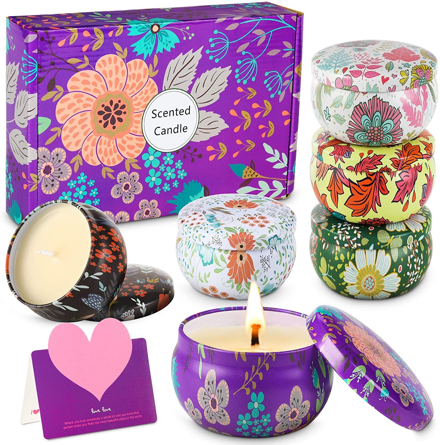 Wilbest Set regalo di candele profumate alla Lavanda, Gardenia, Rosa, Gelsomino, Rosmarino e Vaniglia, in cera di soia