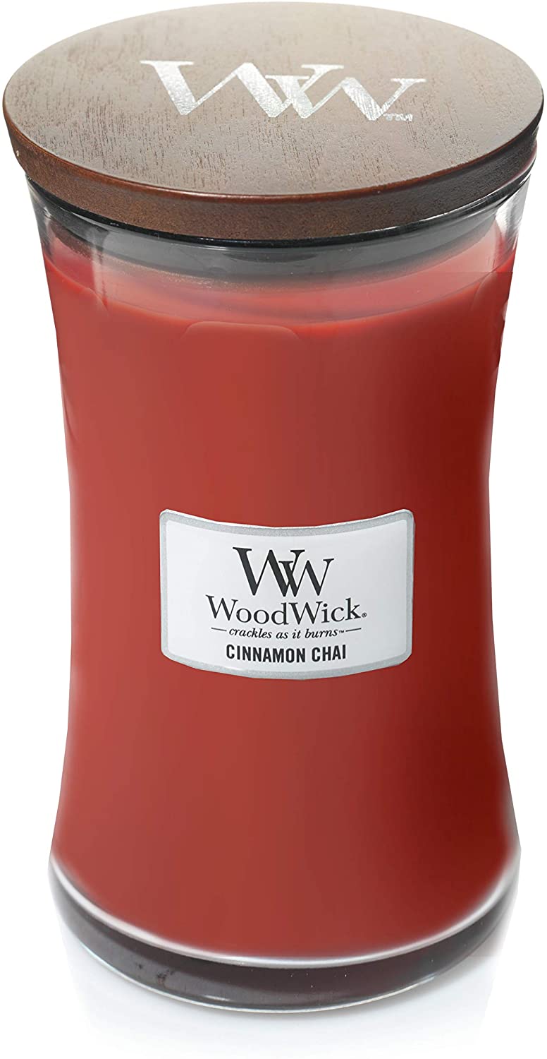 Woodwick Hourglass Candela profumata grande con stoppino, Chai alla cannella rossa