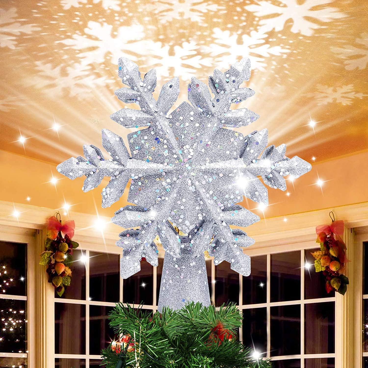 lluminazione di Natale 3D Hollow Stella di Natale, puntale per l'albero con proiettore di luci a LED
