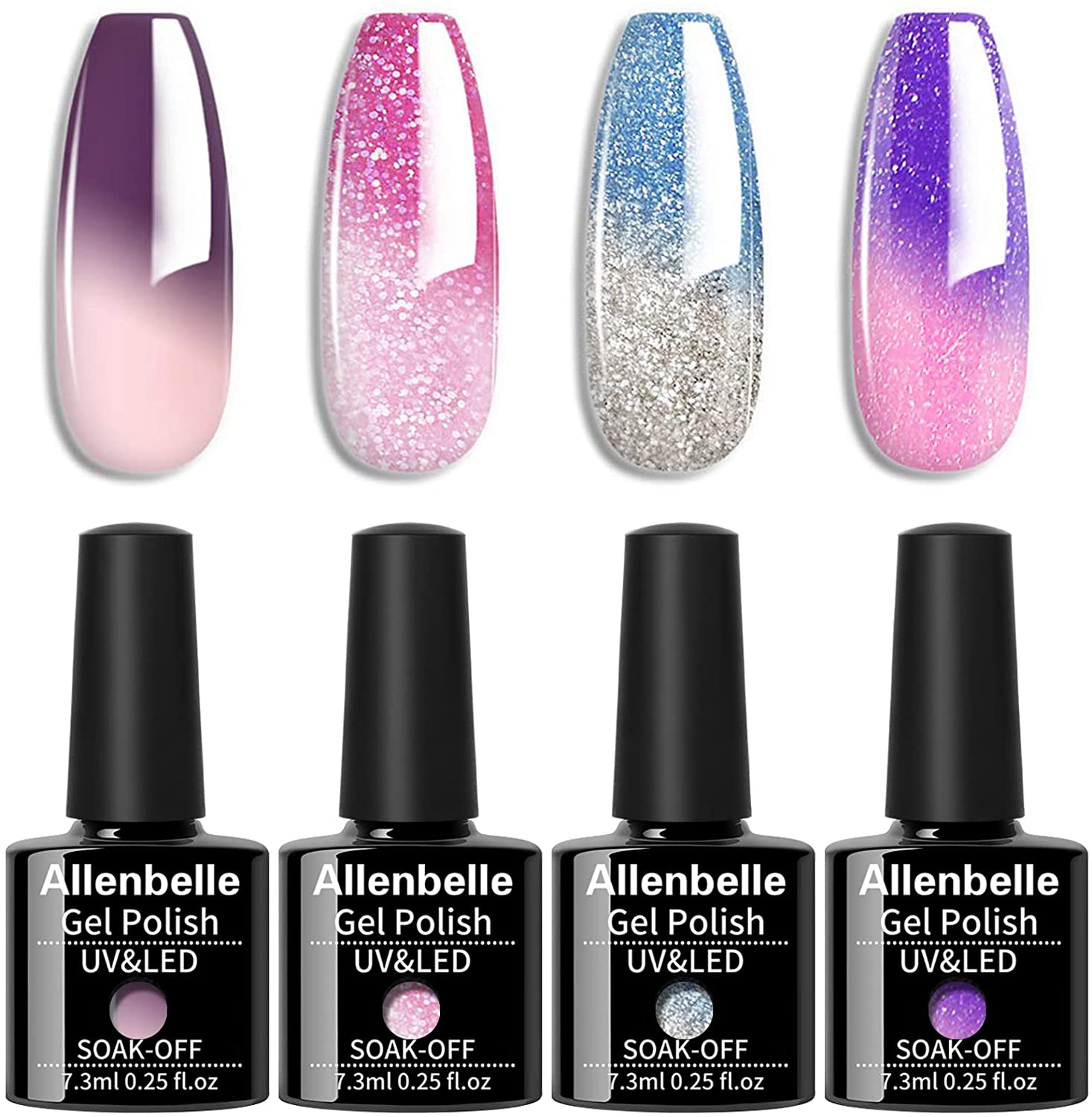 Allenbelle Semi Permanent Nail Polish Chameleon Nail Polish UV LED Gel Nail Polish Semi Permanent Thermal Nail Polish (4PCS-016)