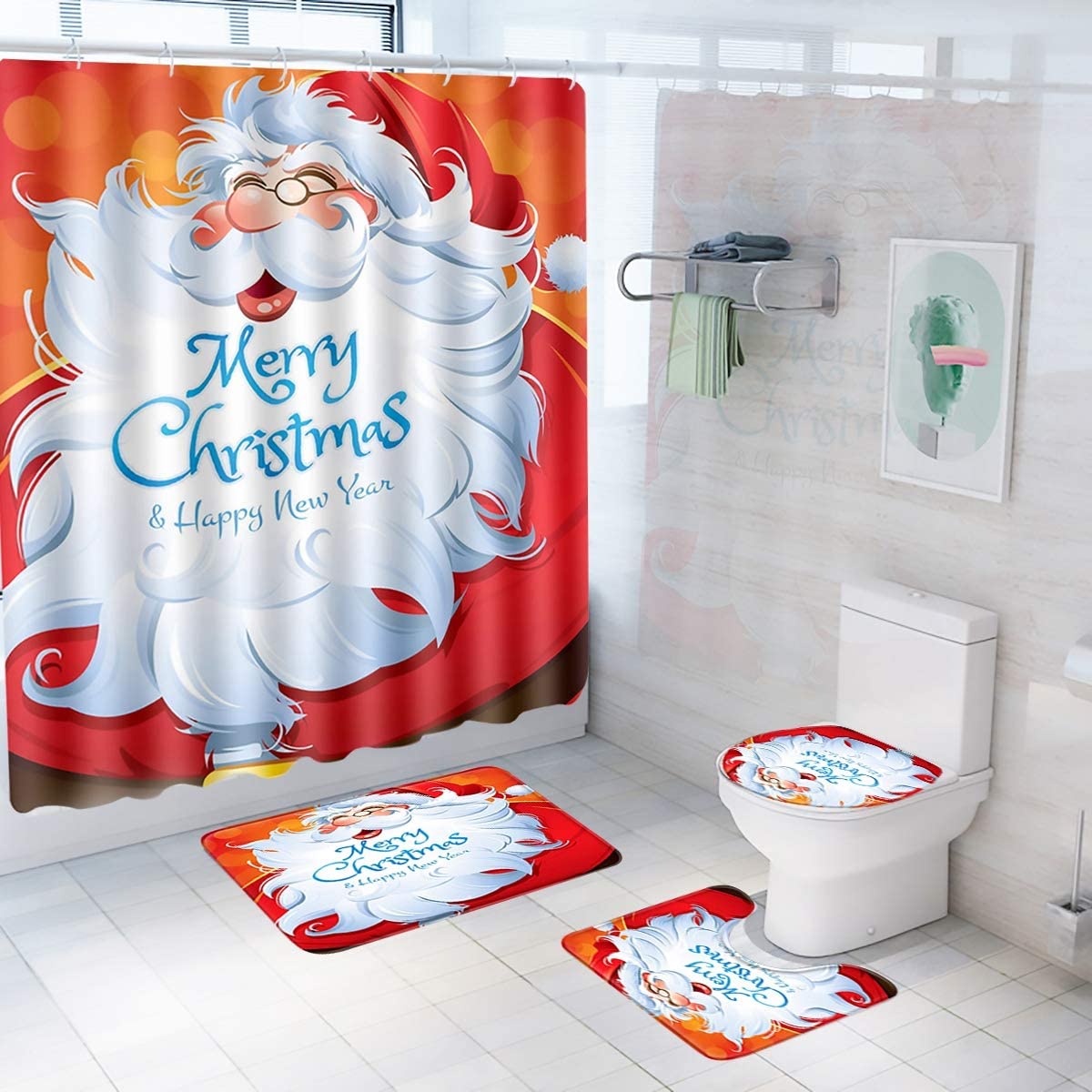 Decorazioni natalizie Accessori per il bagno Set di decorazioni tra cui tenda da doccia natalizia, tappetini da bagno antiscivolo, tappetino sagomato, coprisedile del water