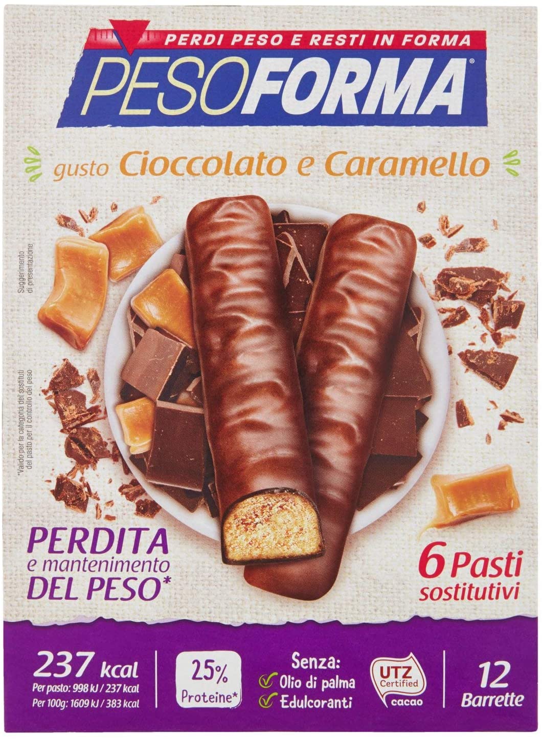 Pesoforma Barrette - Cioccolato e Caramello, Pasti Sostitutivi Dimagranti, 12 x 31g
