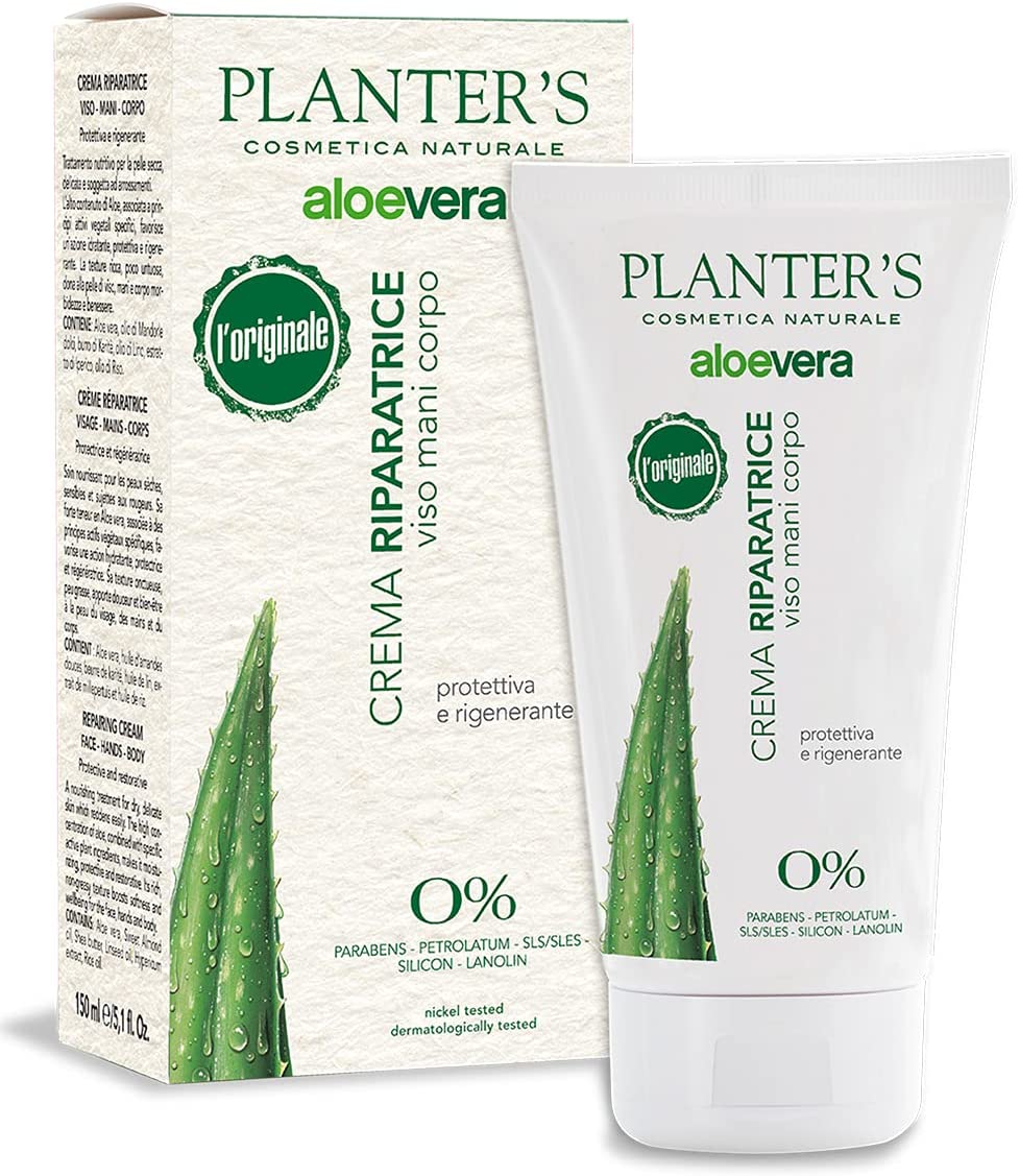 Planter's - Aloe Vera Repairing Cream.  Ideal for moisturizing chapped hands, sensitive skin reddened by the sun or from epilation with wax or razor.  Not greasy