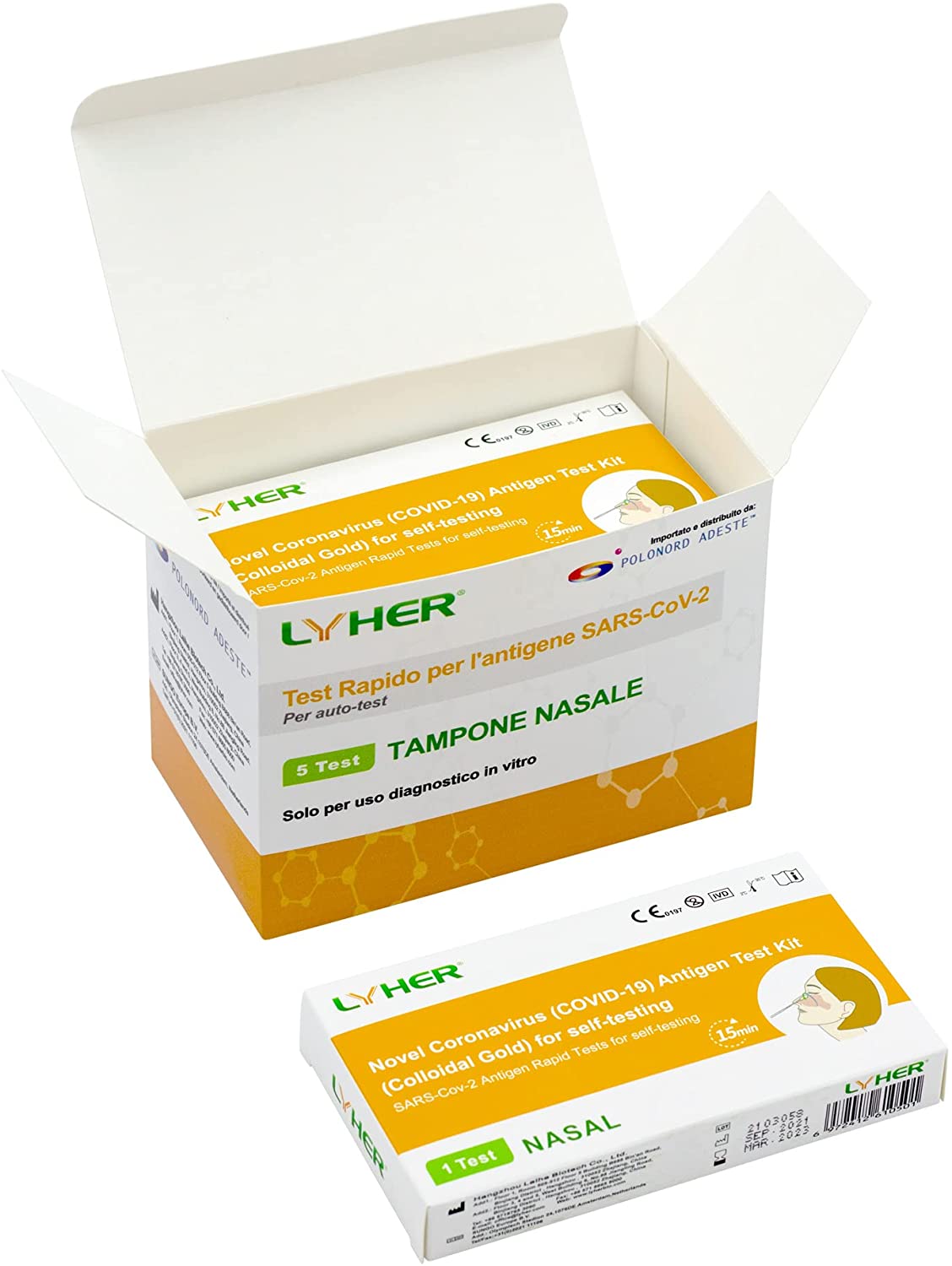 Polonord Adeste 5 Kit di Test Rapidi Nasali (oro colloidale) per l'antigene del Nuovo Coronavirus (COVID-19) per auto-test