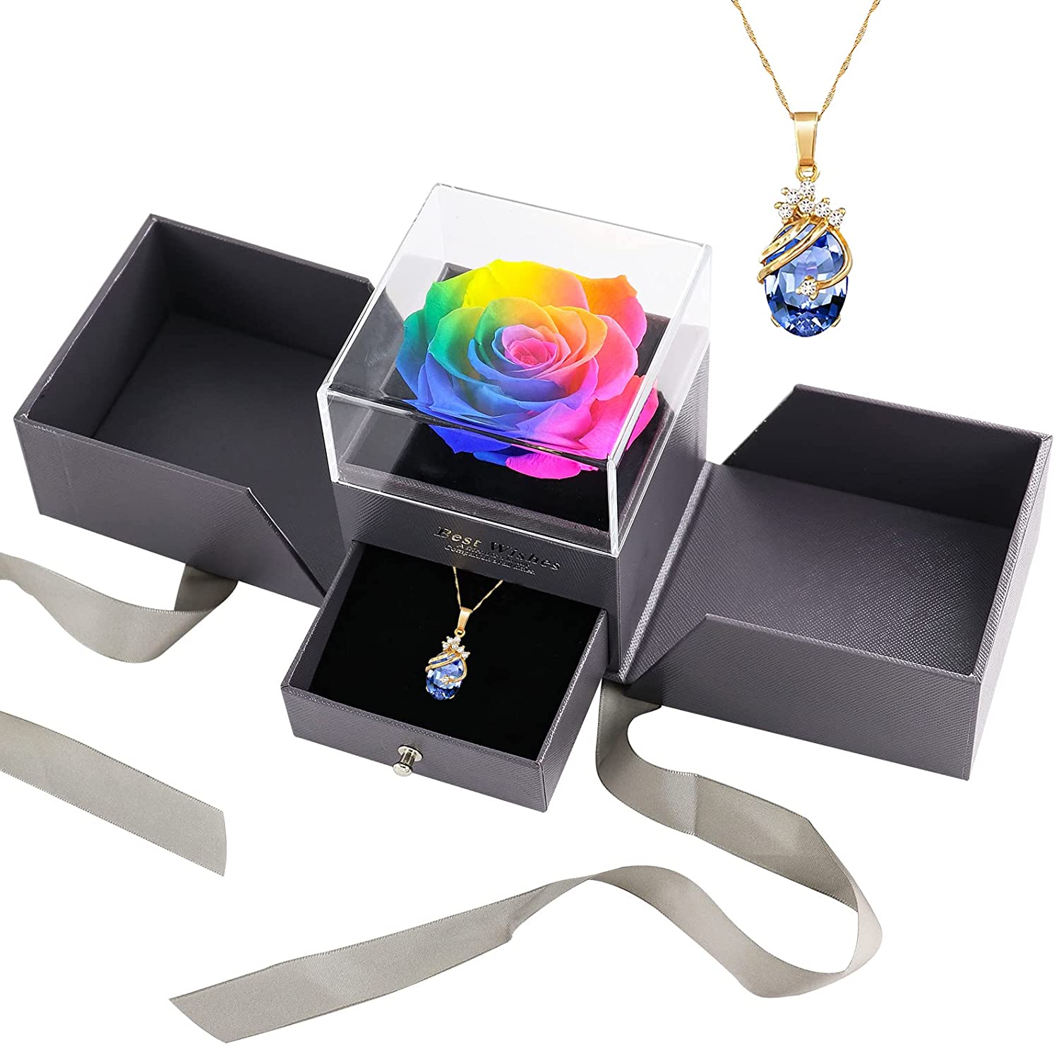 Rosa Eterna con Collana, Confezione Regalo Fiori Stabilizzata