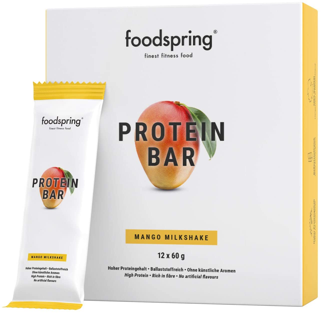 foodspring Barrette proteiche, Mango Milkshake, 12 x 60g, 33% di proteine, A ridotto contenuto di zuccheri, Perfette dopo l'allenamento o come snack da viaggio
