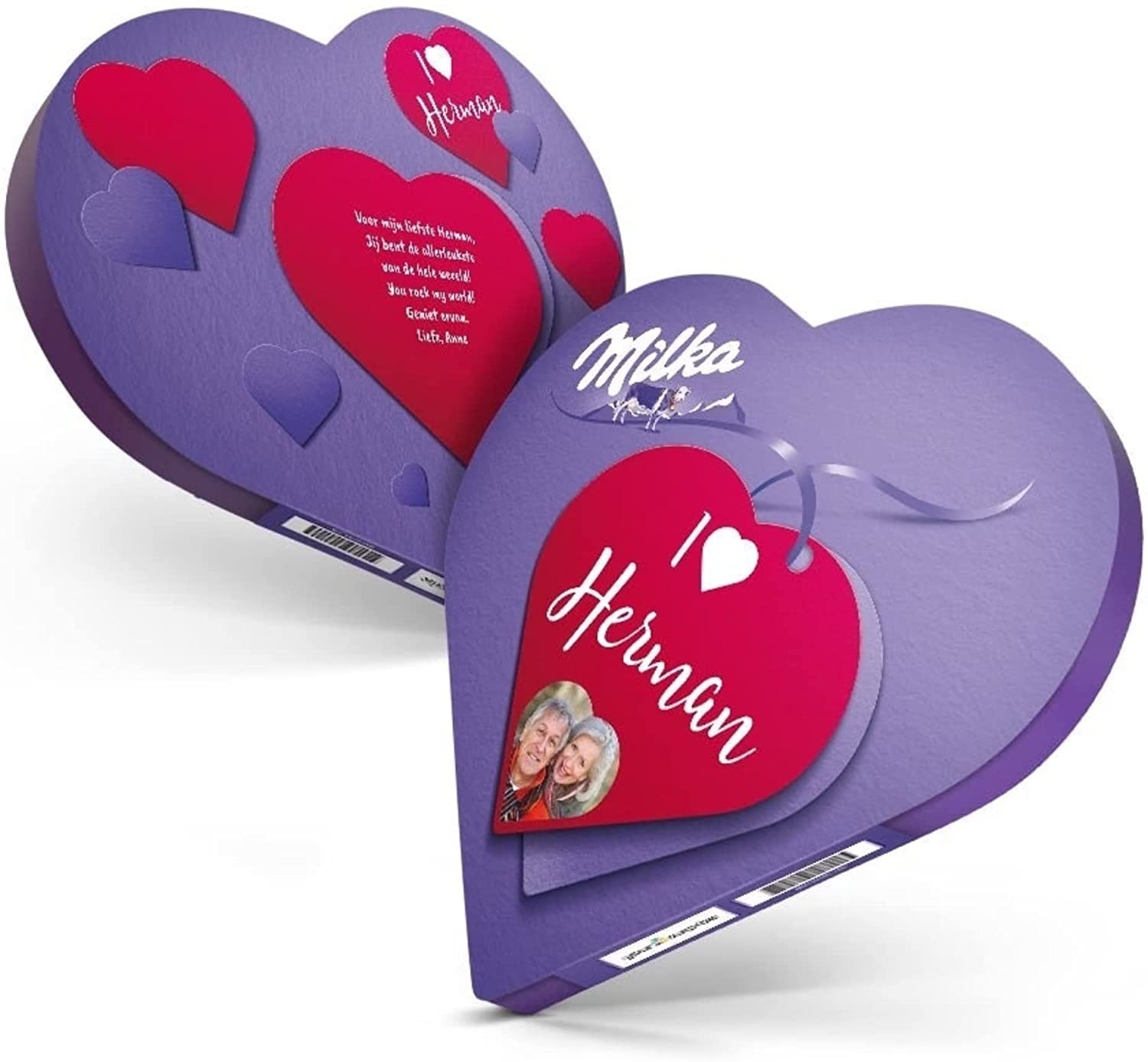 Confezione regalo natalizia Milka personalizzata - Personalizza la confezione regalo Milka con il nome e messaggio, cuori di cioccolato con ripieno di crema di nocciole e torrone