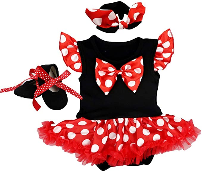 Costume pagliaccetto per bambina neonata, Body con tre pezi da Minnie per Carnevale, tutina da 0 a 18 mesi